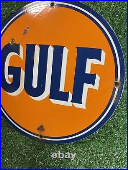 Vintage Gulf Gasoline Porcelain Sign Fuel Gas Pump Plate Oil Service Station