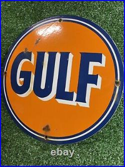 Vintage Gulf Gasoline Porcelain Sign Fuel Gas Pump Plate Oil Service Station