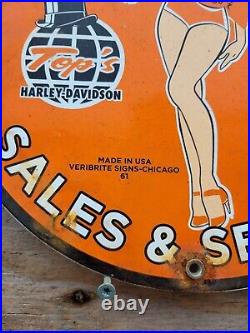 Vintage Harley Davidson Porcelain Sign Gas Tops Motorcycle Dealer Sales Repair
