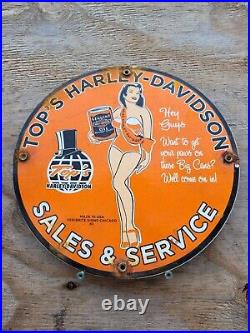 Vintage Harley Davidson Porcelain Sign Gas Tops Motorcycle Dealer Sales Repair