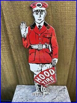 Vintage Hood Tire Dealer Porcelain Metal Sign Die Cut Service Station Man Guard