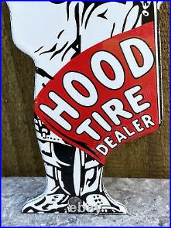 Vintage Hood Tire Dealer Porcelain Metal Sign Die Cut Service Station Man Guard