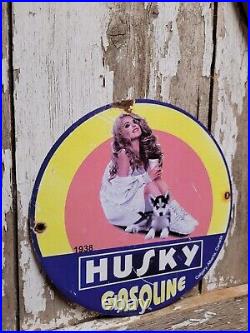 Vintage Husky Gasoline Porcelain Sign Gas Station Oil Service Woman Pump Plate
