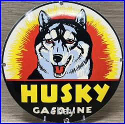 Vintage Husky Gasoline Porcelain Sign K-9 Gas Station Convex Pump Plate Oil Dog