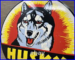 Vintage Husky Gasoline Porcelain Sign K-9 Gas Station Convex Pump Plate Oil Dog