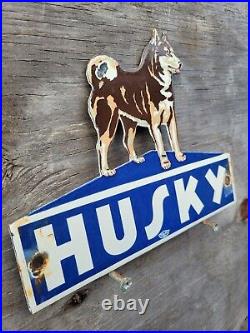 Vintage Husky Porcelain Sign Gas Oil Texlite Diecut Garage Dog Service Plaque