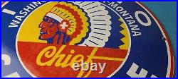 Vintage Idaho Gasoline Sign Indian Chief Gas Motor Oil Pump Porcelain Sign