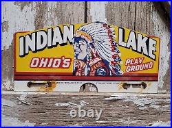 Vintage Indian Lake Porcelain Sign Ohio Pottery Topper Oil Gas Park Ranger Camp