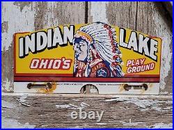 Vintage Indian Lake Porcelain Sign Ohio Pottery Topper Oil Gas Park Ranger Camp