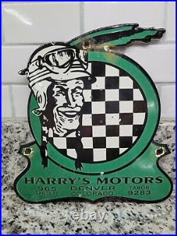 Vintage Indian Motorcycle Porcelain Sign Harrys Motors Veribrite Gas Oil Denver