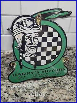 Vintage Indian Motorcycle Porcelain Sign Harrys Motors Veribrite Gas Oil Denver