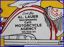 Vintage Indian Motorcycles Porcelain Sign 24 Gas Oil Sales Service Lauer Biker