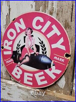 Vintage Iron City Beer Porcelain Sign Alcohol Bar Restaurant Pub Gas Oil Woman