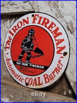 Vintage Iron Fireman Porcelain Sign Coal Furnace Cabin Heating Oil Gas Service