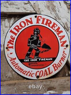 Vintage Iron Fireman Porcelain Sign Coal Furnace Cabin Heating Oil Gas Service
