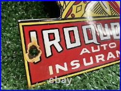 Vintage Iroquois Auto Insurance Porcelain Sign Native Chief Car Gas Oil Service