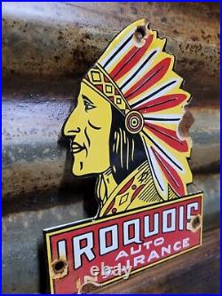 Vintage Iroquois Porcelain Sign Auto Insurance Chief Gas Oil Lube American Car