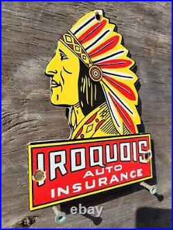 Vintage Iroquois Porcelain Sign Auto Insurance Chief Gas Oil Lube Americangarage