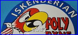 Vintage Iskenderian Porcelain Poly Dyne Racing Cams Gas Service Pump Plate Sign