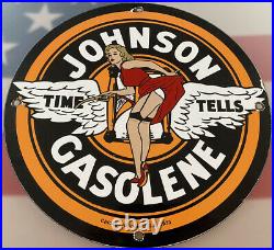 Vintage Johnson Gasoline Porcelain Sign Gas Station Pump Plate Motor Oil Service
