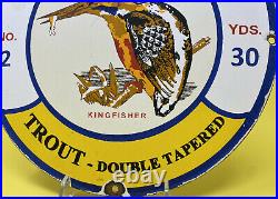 Vintage Kingfisher Porcelain Sign Fly Fishing Line Penn Rapala Gas Oil Bird