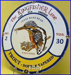 Vintage Kingfisher Porcelain Sign Fly Fishing Line Penn Rapala Gas Oil Bird
