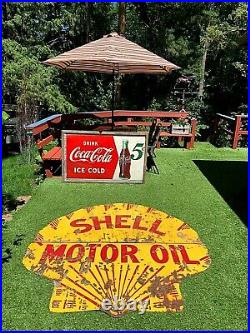 Vintage LG 6Ft Porcelain Folding 2pc Shell Oil Gas Gasoline Sign Service Station