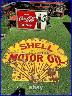 Vintage LG 6Ft Porcelain Folding 2pc Shell Oil Gas Gasoline Sign Service Station