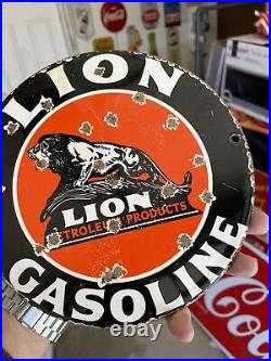 Vintage Lion Gasoline Porcelain Gas Pin Up Airplane Service Aviation Sign