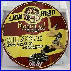 Vintage Lion Head Porcelain Motor Oil Lube Service Station Gasoline Metal Sign