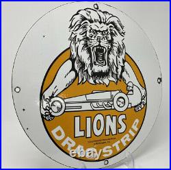 Vintage Lions Racing Drag Strip Porcelain Sign Gas Oil Ford Chevrolet Mopar