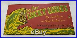 Vintage Lucky Lures Fishing Porcelain Sign Advertising Paw Paw Michigan