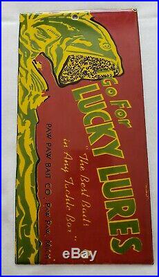 Vintage Lucky Lures Fishing Porcelain Sign Advertising Paw Paw Michigan
