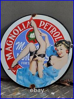 Vintage Magnolia Petroleum Porcelain Sign Art Deco Girl Old Gas Oil Advertising