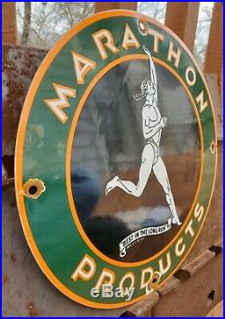 Vintage Marathon Gasoline Porcelain Sign Gas Metal Service Station Pump Plate Ad