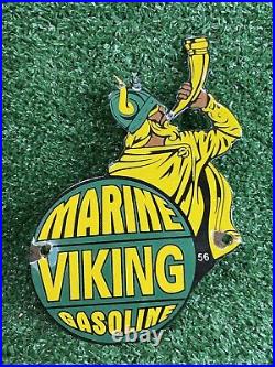 Vintage Marine Viking Gasoline Porcelain Sign Nordic Warrior Gas Oil Service