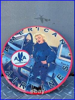 Vintage Marylin Monroe Porcelain Sign American Airlines Airplane Pilot Gas & Oil