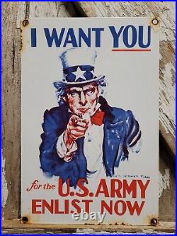 Vintage Military Porcelain Sign I Want You To Enlist Us Army Oil Gas Soldier