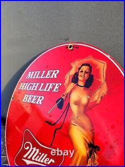 Vintage Miller High Life Porcelain Beer Sign Bar Gas Oil Bartender Bottle Girl