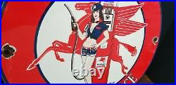Vintage Mobil Gasoline Porcelain Pegasus Pin Up Girl Service Station Pump Sign