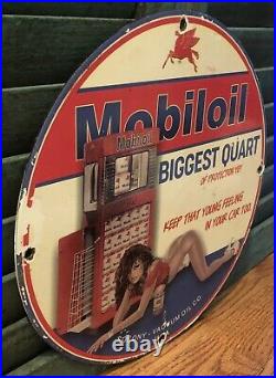 Vintage Mobiloil Gasoline Porcelain 12 Sign Gas Pump Plate Mobilgas Pin Up