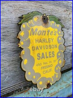 Vintage Montes HARLEY DAVIDSON Porcelain Sign Rare Motorcycle California Gas Oil