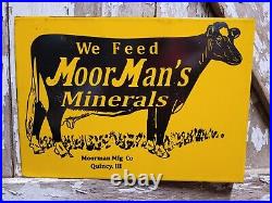 Vintage Moormans Minerals Porcelain Sign Flange Dairy Farm Cow Tractor Oil Gas