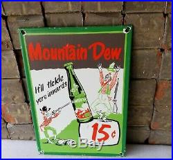 Vintage Mountain Dew Porcelain Gas Soda Beverage Hillbilly Cola Bottles Sign
