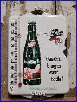Vintage Mountain Dew Porcelain Sign Metal Soda Thermometer Oil Gas Advertising