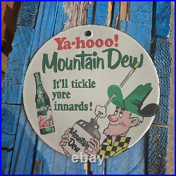 Vintage Mountain Dew Soft Drink Porcelain Gas Oil 4.5 Sign
