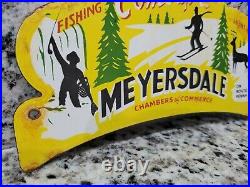 Vintage Myersdale Porcelain Sign Pa Fishing Hunting Cabin Topper Gas Oil Service