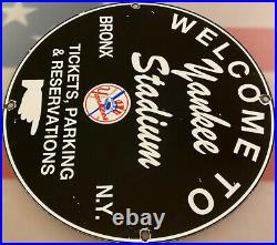 Vintage New York Yankee's Porcelain Stadium Sign Gas Oil Pump Plate Bronx Ny Mlb