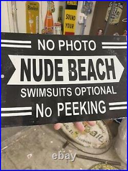 Vintage Nude Beach Porcelain Sign Gas Pump Station