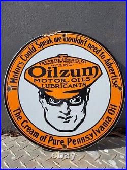 Vintage Oilzum Porcelain Sign Gas Pump Plate Motor Oil Sales Service Garage Man